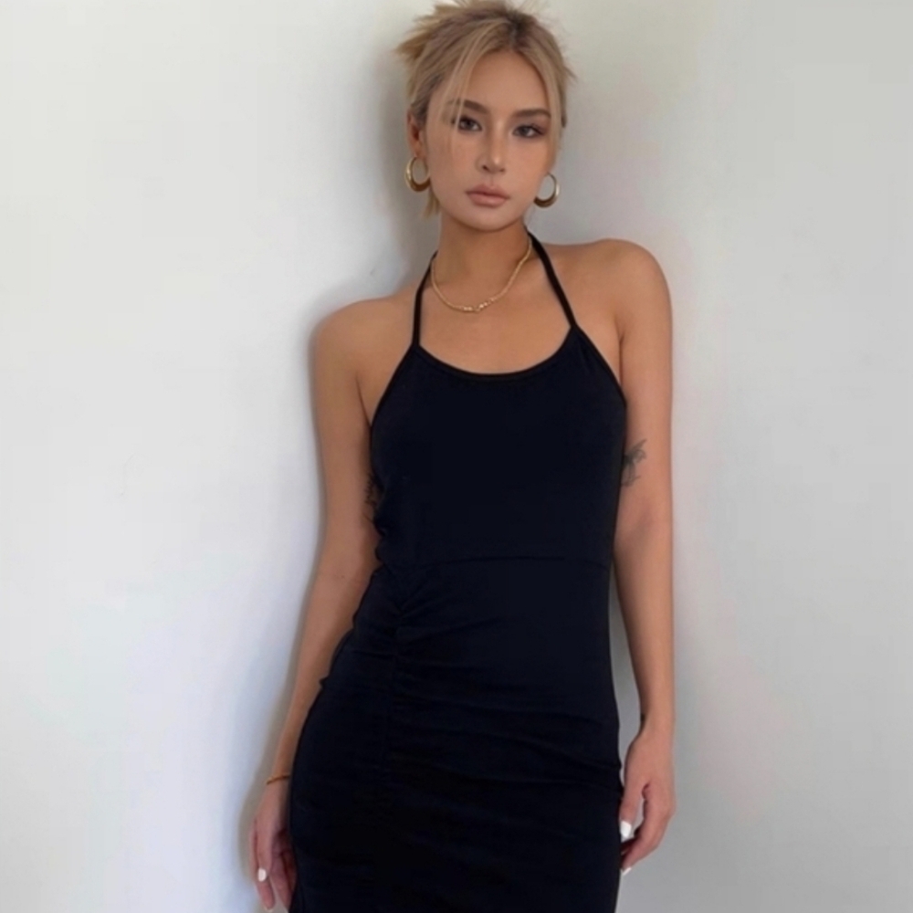 Aqua Navy Sleeveless Halter Neck Mini Bodycon Faux Suede Dress Size Large - Picture 7 of 8